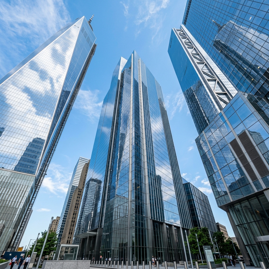 Modern corporate glass skyscrapers against a blue sky